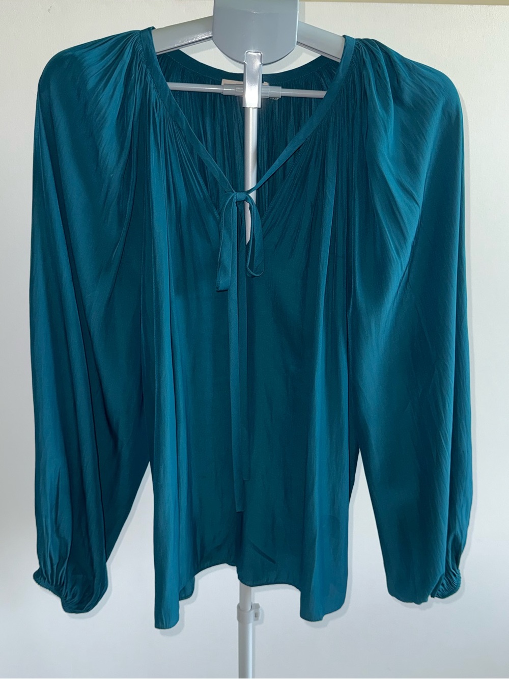 Ramy Brook Teal Pleated Tie Neck Long Sleeve Blouse